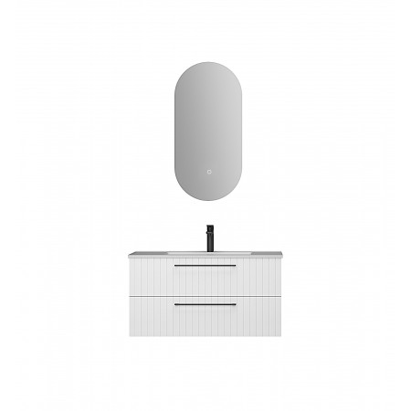 Set mobilier baie suspendat alb cu fronturi MDF riflate, 2 sertare și oglindă ovală LED A-20 Set mobilier baie suspendat alb cu fronturi MDF riflate, 2 sertare și oglindă ovală LED A-20